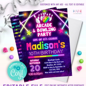 girls arcade bowling party invitation | editable rainbow glow bowling & arcade games birthday invite template for girls and boys