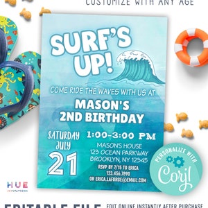 surf&#39;s up wave birthday party invitation for boy or girl | editable beach surfing theme kids birthday invite