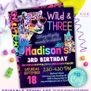 rainbow wild & THREE birthday party invitation for girls | neon leopard 3rd birthday invitation | safari party animals 3rd birthday invite