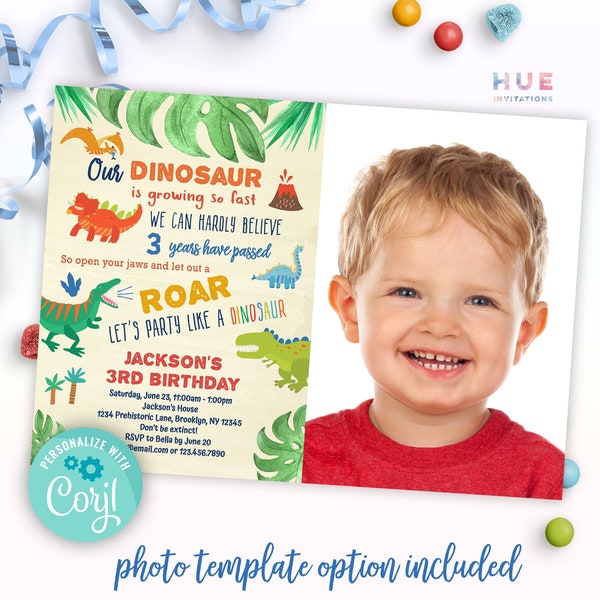 editable dinosaur theme party invitation template with a photo | colorful diy dino birthday party invite for boys and girls | any age