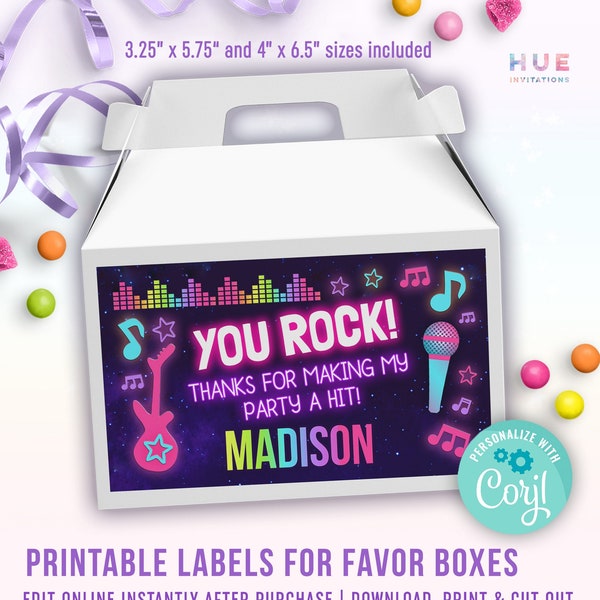 printable rock star birthday favor box labels instant download | rainbow rock & roll party treat box labels for music theme party