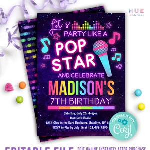 pop star music birthday invitation instant download | glow in the dark rainbow girls musical singing birthday invitation | editable template