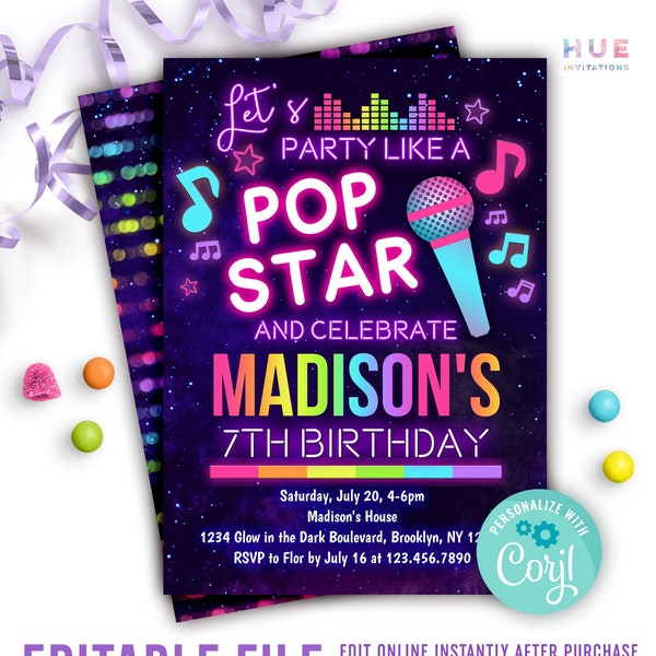 pop star music birthday invitation instant download | glow in the dark rainbow girls musical singing birthday invitation | editable template