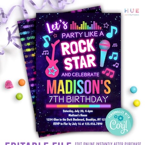 rock star music birthday party invitation instant download | rainbow glow girls rock and roll singing birthday invitation | editable file