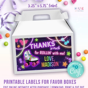 printable roller skate birthday favor box labels Corjl template | rainbow glow roller skating party treat box labels with photo & without