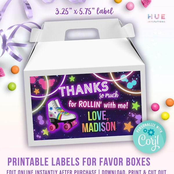 printable roller skate birthday favor box labels instant download | rainbow glow roller skating party treat box labels with photo & without