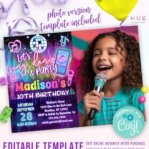 sing, dance & party birthday invitation with a photo | rainbow glow music party invite for girls | editable invite template with a picture