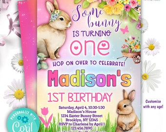 some bunny is turning ONE 1st birthday invitation for girls | cute Easter bunny first birthday invitation editable template | rainbow floral
