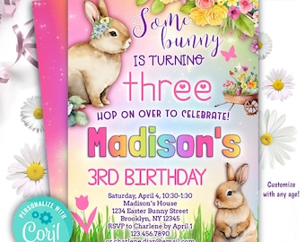 Invitación de cumpleaños del conejito de Pascua para niñas (de cualquier edad) con flores y colores brillantes del arco iris/una plantilla de invitación a la fiesta de cumpleaños del conejito