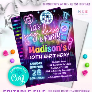 rainbow music theme birthday party invitation editable template | sing, dance & party girls glow disco karaoke music party birthday invite