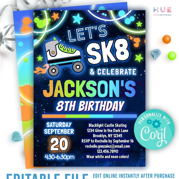 boys sk8 & celebrate roller skating 8th birthday invitation (or any age) | neon skate party invite editable template | blue green orange