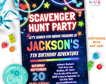 scavenger hunt birthday party invitation editable template | kids backyard treasure hunt party invite | adventure birthday treasure hunt