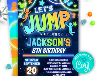 boys jump party birthday invitation | neon glow jump & celebrate trampoline park birthday invite editable template | blue green orange color