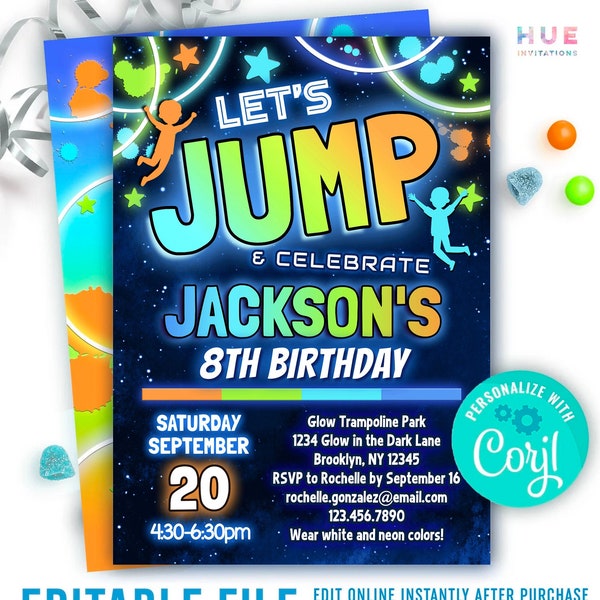 invitación de cumpleaños de fiesta de salto para niños / salto con brillo de neón y celebración de invitación de cumpleaños en parque de trampolines plantilla editable / color azul verde naranja