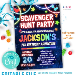 scavenger hunt birthday party invitation editable template | kids backyard treasure hunt party invite | adventure birthday treasure hunt