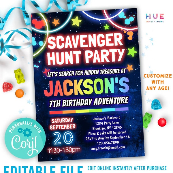 scavenger hunt birthday party invitation editable template | kids backyard treasure hunt party invite | adventure birthday treasure hunt