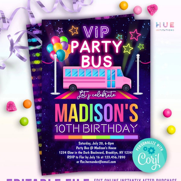 VIP party bus invitation editable template | rainbow pink party bus birthday invitation girls | mobile spa / mobile gym party truck invite