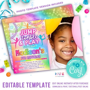 rainbow gymnastics birthday party invitation with your child&#39;s photo | jump tumble play gymnastics theme birthday invite with picture