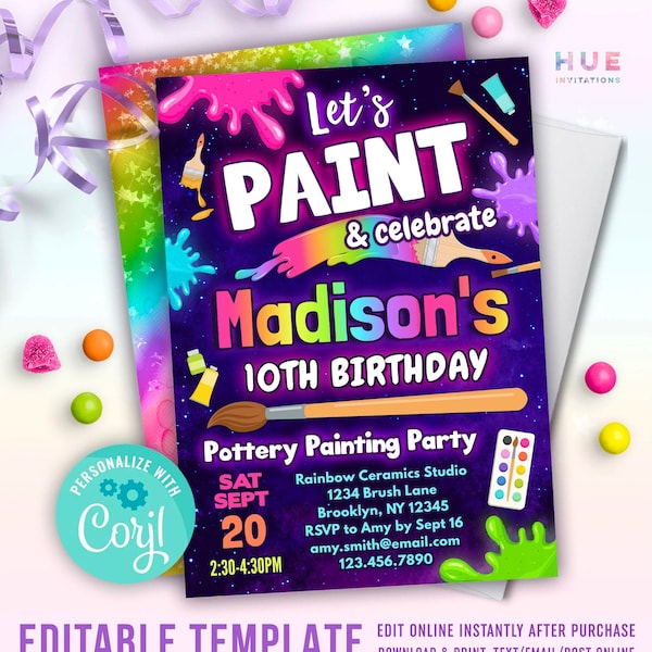 rainbow pottery painting birthday invitation editable template | paint & celebrate ceramics studio party invite with photo or without