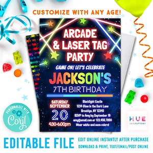 boys arcade & laser tag birthday party invitation editable template | kids rainbow glow in the dark arcade party invite | print text email