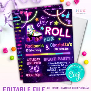 Puede incluir: Una invitación editable para una fiesta de patinaje sobre ruedas, con un diseño en color rosa y azul neón. La invitación presenta un patín con ruedas de arcoíris y el texto "Let's Roll for Madison's & Charlotte's 10th birthday & 9th birthday". La invitación también incluye la fecha, la hora y la ubicación de la fiesta.