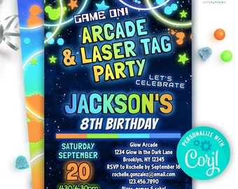 boys arcade laser tag invitation editable template | game on glow arcade games party invite for print text email | blue green orange colors