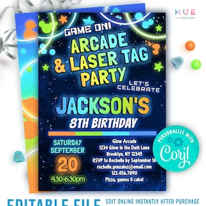 boys arcade laser tag invitation editable template | game on glow arcade games party invite for print text email | blue green orange colors