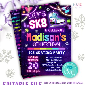 glow ICE SKATING birthday invitation editable template | neon rainbow SK8 & celebrate girls ice skate rink party invite