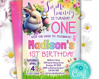 cute bunny 1st birthday invitation editable template | some bunny is turning ONE | rainbow & floral rabbit girl Easter birthday party invite