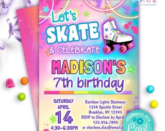 Puede incluir: Una colorida invitación de cumpleaños con el texto "Let's Skate & Celebrate Madison's 7th birthday." El diseño incluye un patín, estrellas y un esquema de color arcoíris. La invitación también incluye detalles del evento.
