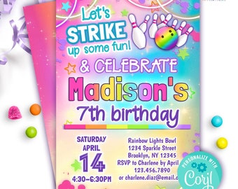 May include: A colourful birthday invitation for a 7th birthday party with a bowling theme. The invitation features a rainbow bowling ball and pins, stars, and the text "Let's Strike up some fun! & Celebrate Madison's 7th birthday". The invitation also includes the date, time, and location of the party.