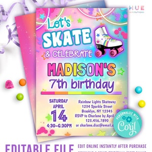 rainbow roller skating birthday party invitation template | girls skate and celebrate roller rink party invite with pastel and bright colors