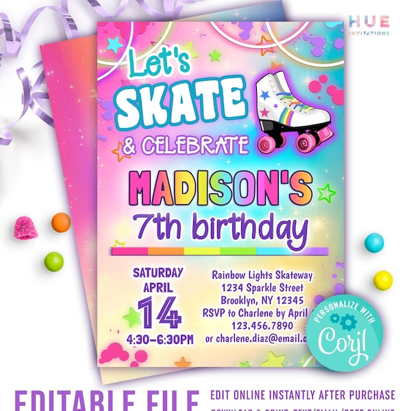 rainbow roller skating birthday party invitation template | girls skate and celebrate roller rink party invite with pastel and bright colors