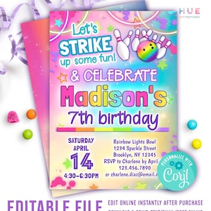 rainbow bowling party invitation editable template | let's strike up some fun girls bowling alley birthday invite | pastel and bright colors