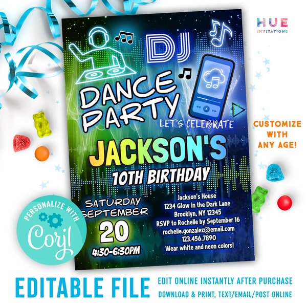 DJ dance party birthday invitation for boys | glow in the dark blacklight music app theme party invitation editable template for kids