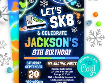 May include: Editable ice skating birthday party invitation with a blue background, neon green and orange text, and a blacklight castle ice rink logo. The text says "Let's Sk8 & Celebrate Jackson's 8th Birthday".
