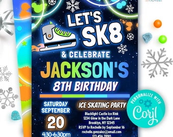 boys ICE SKATING birthday invitation editable template | glow sk8 & celebrate ice skate party invitation | blue green orange