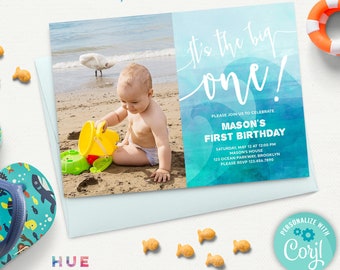 the big one 1st birthday invitation, blue boys wave first birthday invitation with photo picture, beach surfing watercolor digital invite