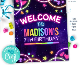 editable welcome sign for girls glow party birthday | rainbow neon glow party sign printable template | 8x10, 11x14, 16x20 size