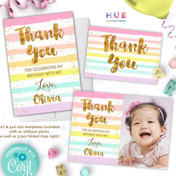 pastel rainbow gold thank you cards instant download | girls 1st birthday or any age birthday thank you card editable templates with photo