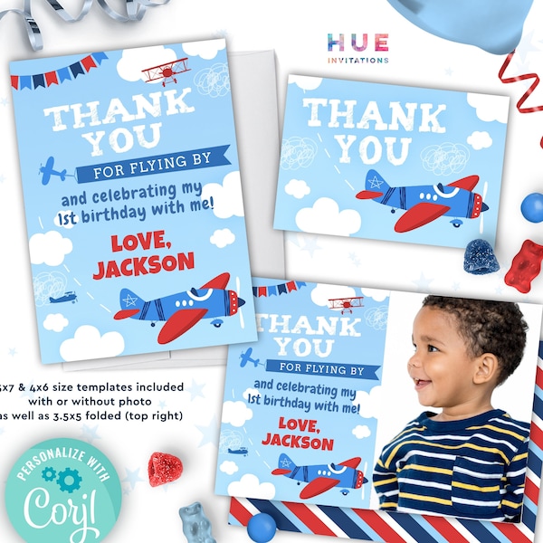 airplane birthday party thank you cards instant download | thanks for flying by plane party thank you card templates with photo or without