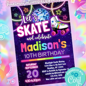 roller disco party birthday invitation editable template | rainbow glow roller skating birthday party invite | groovy 70s 80s skate party