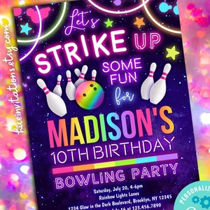 bowling birthday invitation editable template | let&#39;s strike up some fun bowling party invitation | rainbow neon glow girls birthday invite