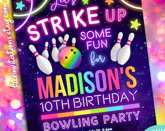 bowling birthday invitation editable template | let&#39;s strike up some fun bowling party invitation | rainbow neon glow girls birthday invite