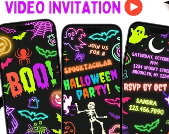 Op de afbeelding: Drie smartphones met Halloween-video-uitnodigingen. De schermen tonen neonafbeeldingen van geesten, vleermuizen en de woorden "BOO!" en "Spooktacular Halloween Party!" De uitnodigingen bevatten evenementdetails en RSVP-informatie.