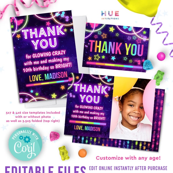 glow party thank you cards instant download | girls neon rainbow glow birthday thank you card editable templates with photo or without