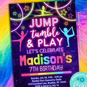 springen tuimelen en spelen gymnastiek bewerkbare sjabloon verjaardagsfeestje | verjaardagsuitnodiging meisjes regenbooggymnastiek thema