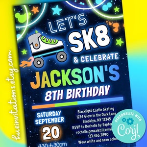boys sk8 & celebrate roller skating 8th birthday invitation (or any age) | neon skate party invite editable template | blue green orange
