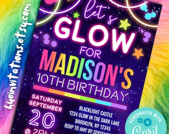 neon glow party invitation for kids | rainbow glow in the dark theme birthday invite | blacklight party corjl template for print text email