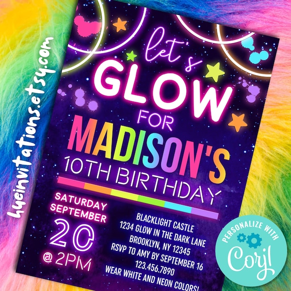 neon glow party invitation for kids | rainbow glow in the dark theme birthday invite | blacklight party corjl template for print text email